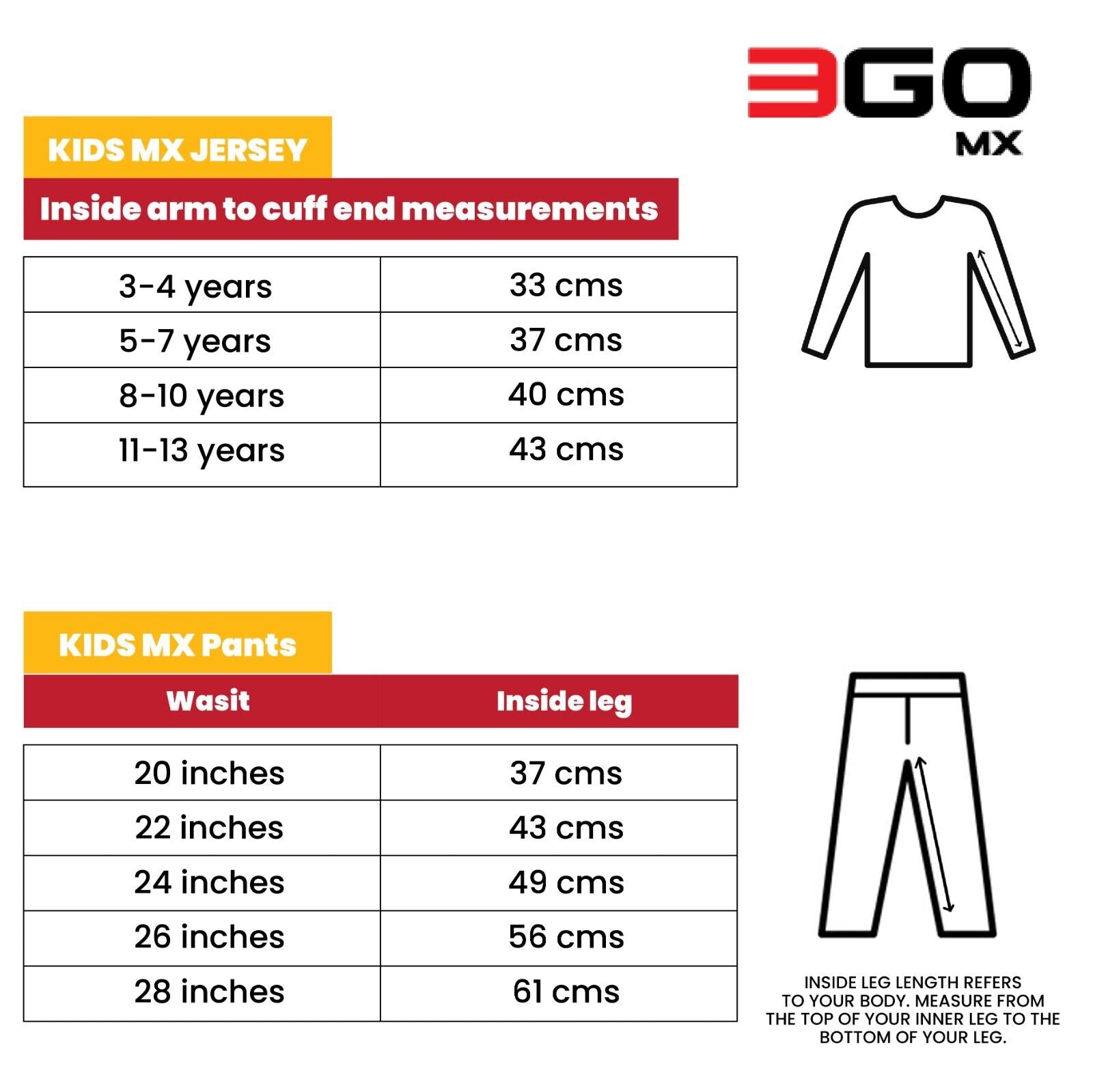 3GO KIDS MX CLOTHING - Size Chart