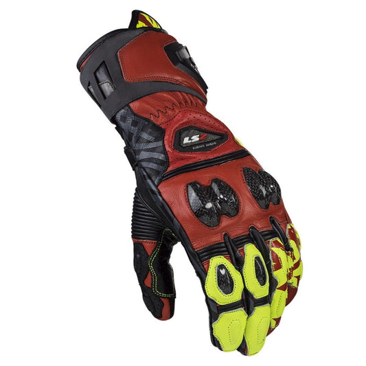 LS2 FENG RACING LEATHER GLOVES - RED Hi-Viz YELLOW